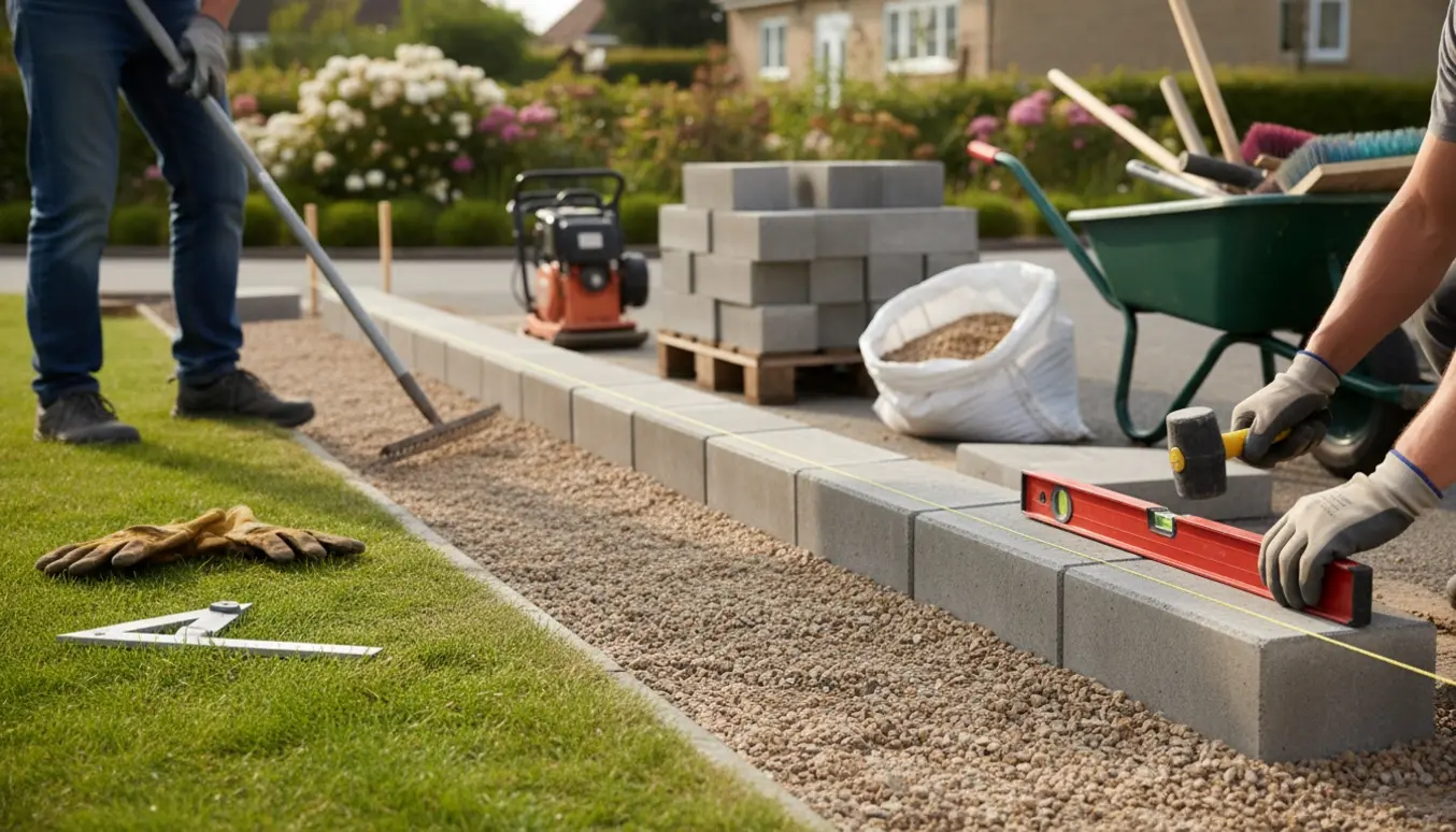 Ny række kantsten sættes på et jævnet grusunderlag med værktøj og arbejdshænder uden synlige ansigter.