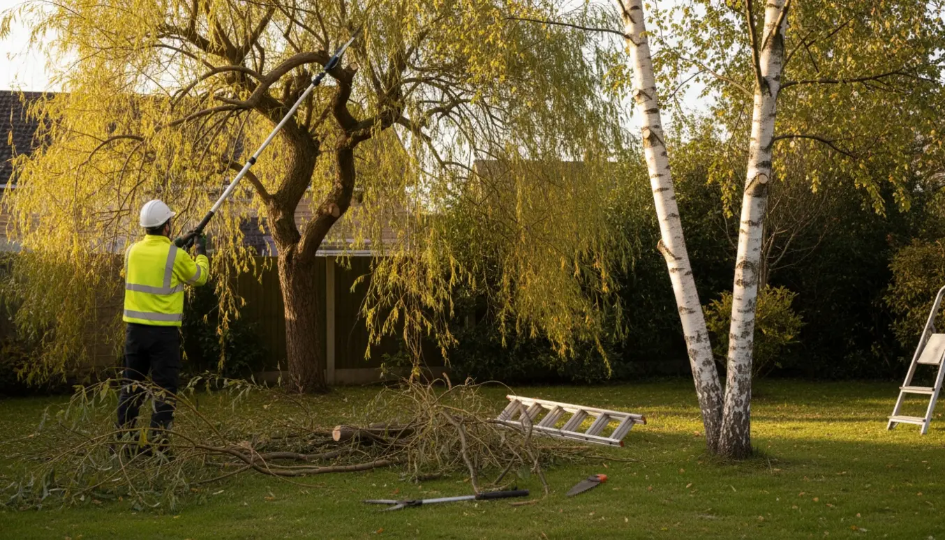 Beskæring af en hængepil og en tostammet birk i en have med beskårne grene samlet i en pæn bunke.