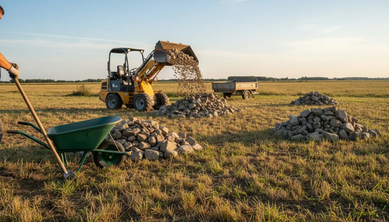 Mini-læsser fjerner sten fra en brakmark, så marken kan klippes til efteråret.