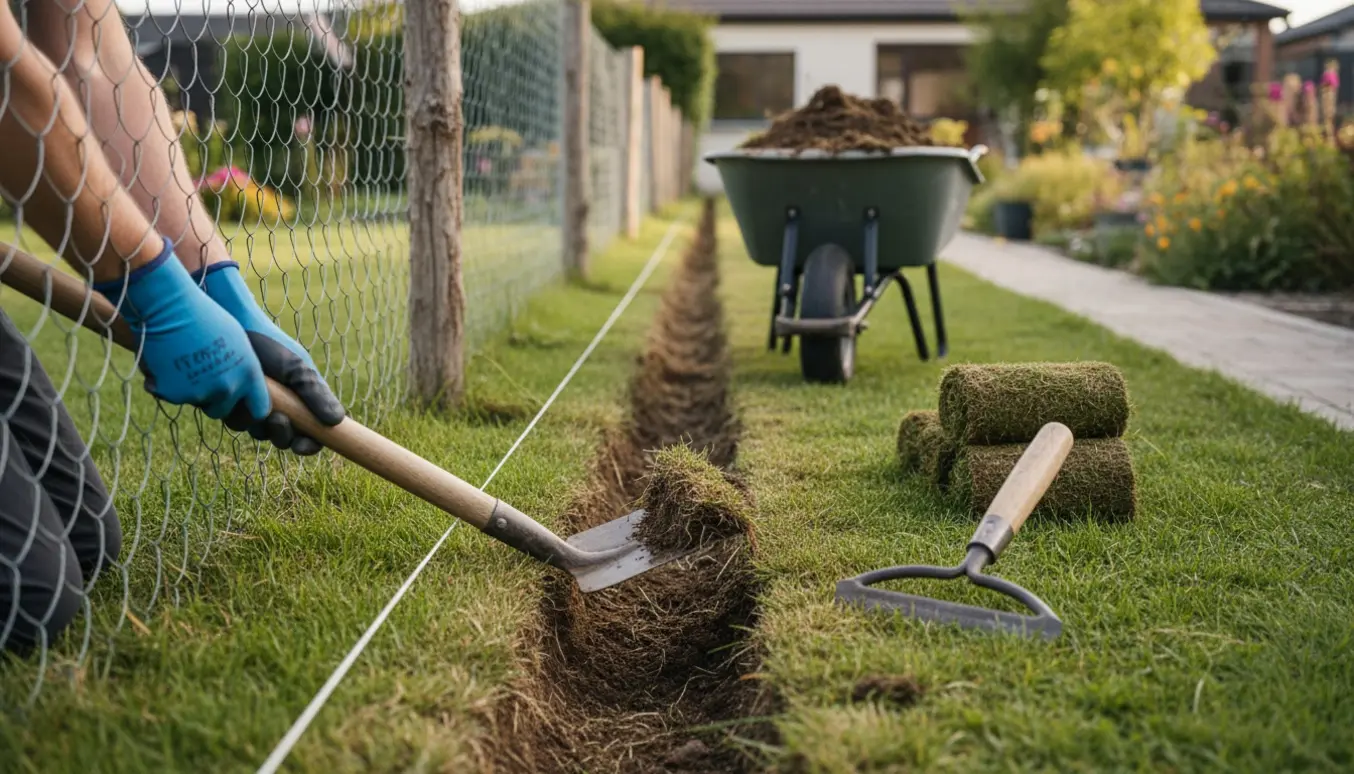 Smalt bælte græs er opgravet under et trådhegn med rullede græstørv og en skovl i fokus.