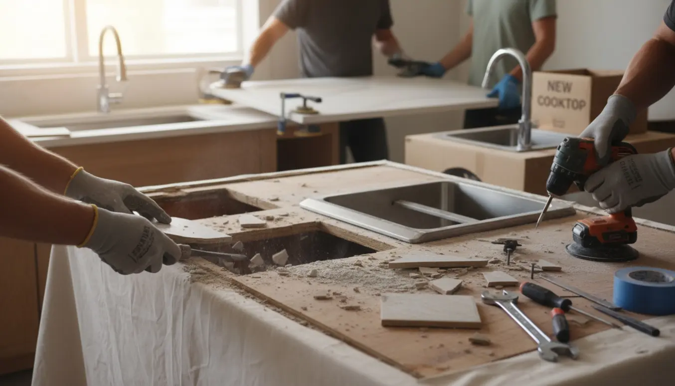 Hænder fjerner gammel flisebordplade og forbereder montering af ny bordplade, vask og armatur.