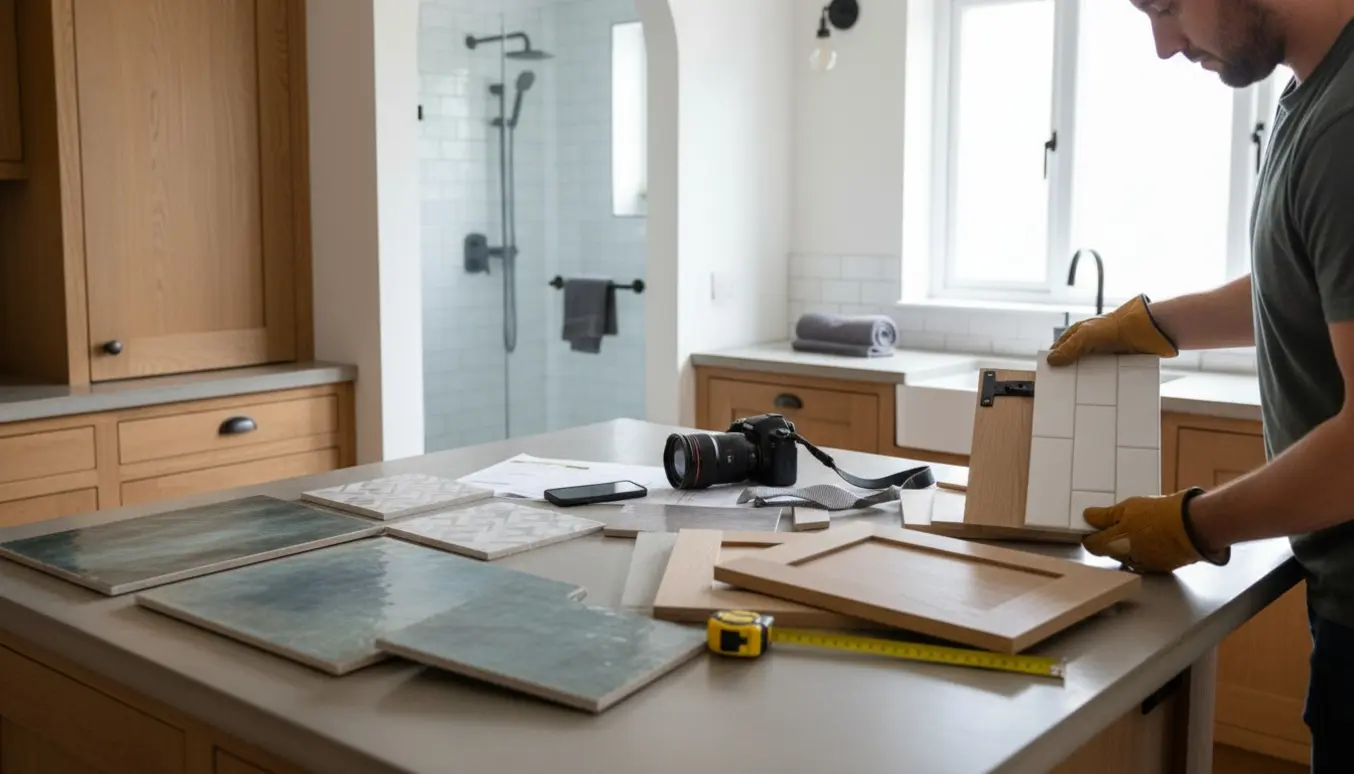 Håndværker vurderer køkken og badeværelse med målebånd og materialer for at fastsætte renoveringspris.