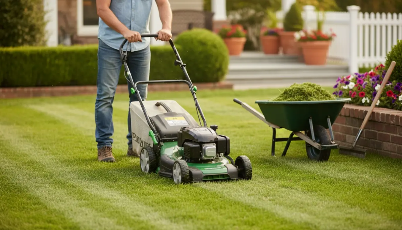 En person slår græs i en velplejet, middelsstor have med en plæneklipper, der efterlader tydelige striber.