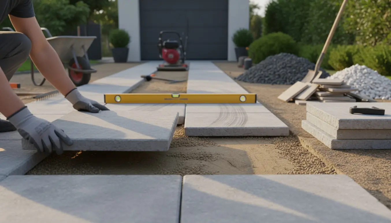 To kørespor i indkørsel, hvor 50x50 fliser lægges på afrettet grus med pladevibrator og værktøj ved siden af.