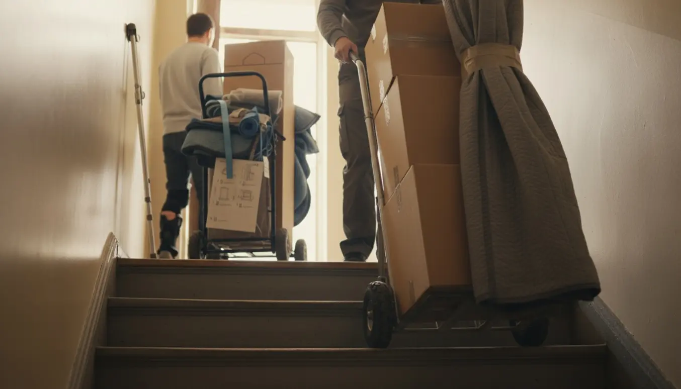En flyttehjælper triller kasser op ad en opgangstrappe med en flyttevogn på landingen, mens en person med benskinne venter.