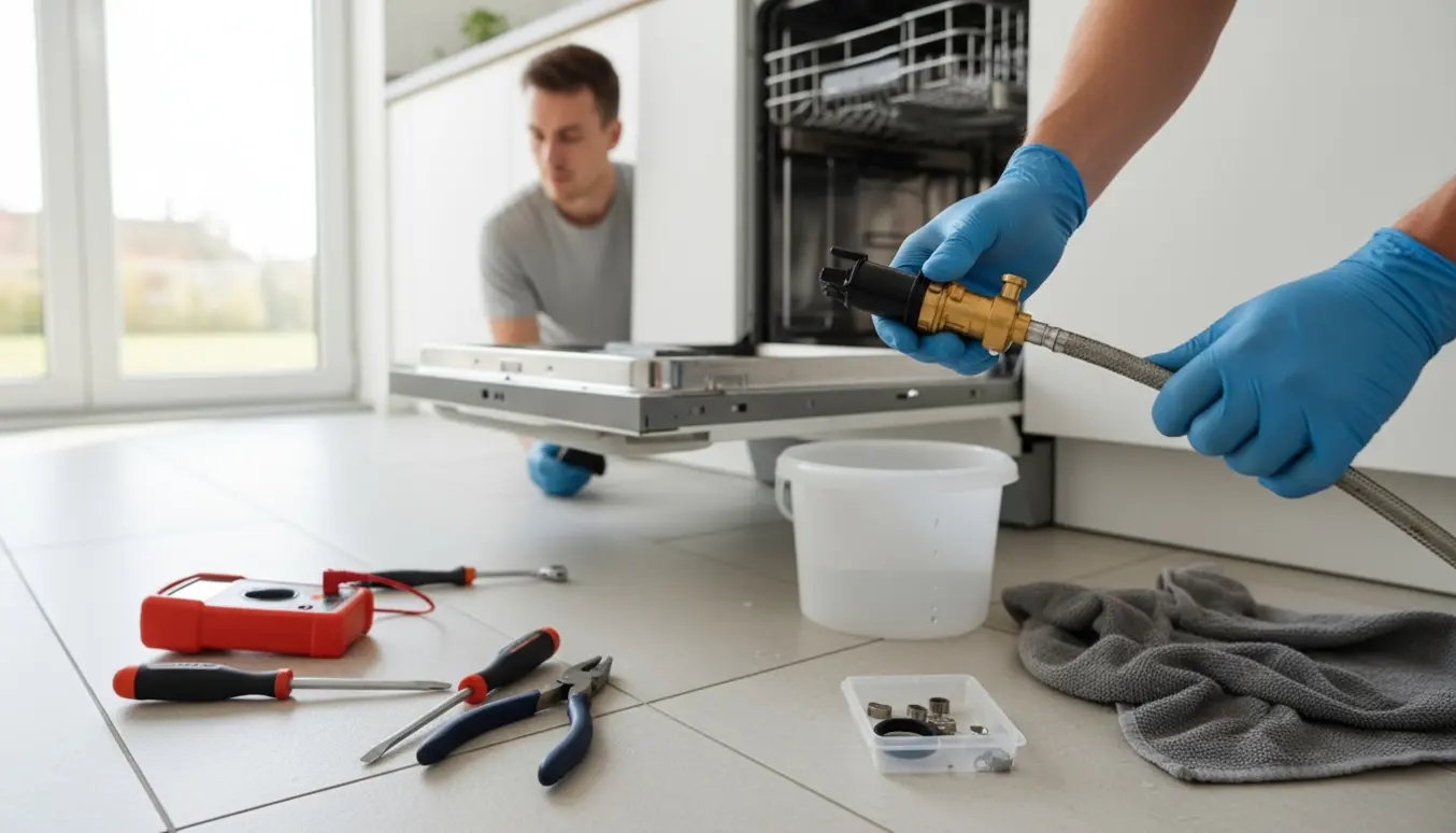 Tekniker holder en ny vandindtagsventil ved en åben opvaskemaskine i et moderne køkken.