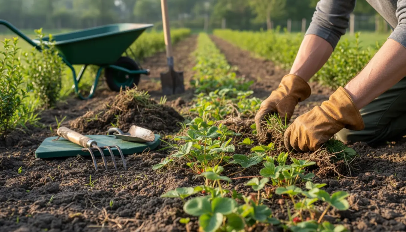 Nærbillede af lugearbejde i et langt, smalt hækbed med handsker, haveredskaber og skovjordbær som bunddække.