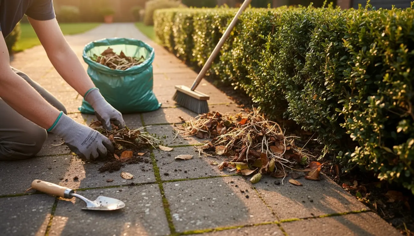 Hænder i havehandsker fjerner blade og ukrudt under en hæk og mellem fliser med haveværktøj.