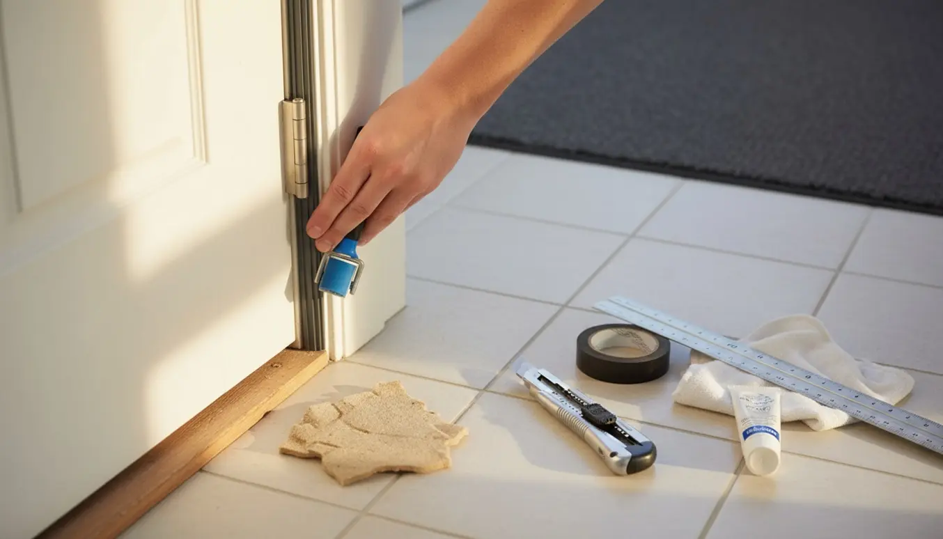 Nærbillede af hænder, der monterer en gummitætningsliste rundt om en hoveddør med værktøj på gulvet.