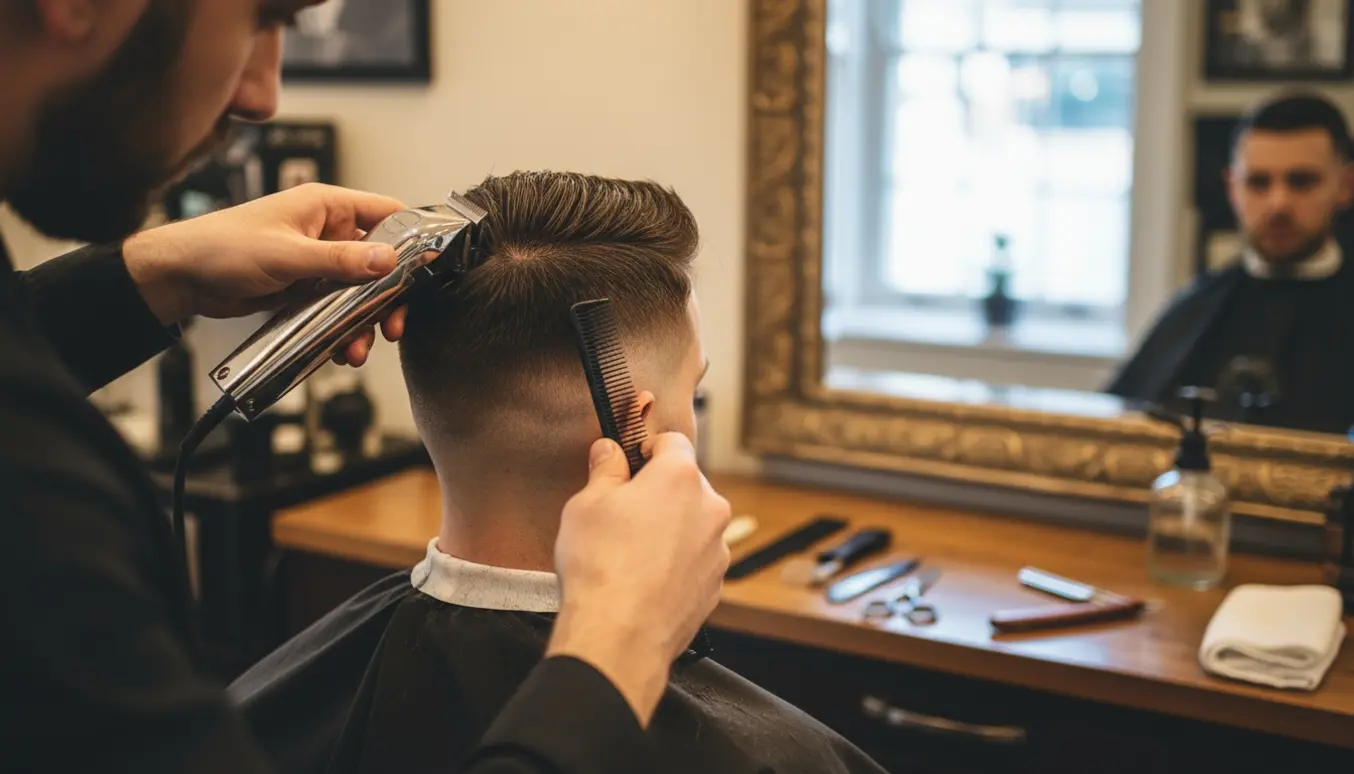 Nærbillede af en frisør, der laver en høj fade-klipning med maskine og kam set bagfra uden synligt ansigt.