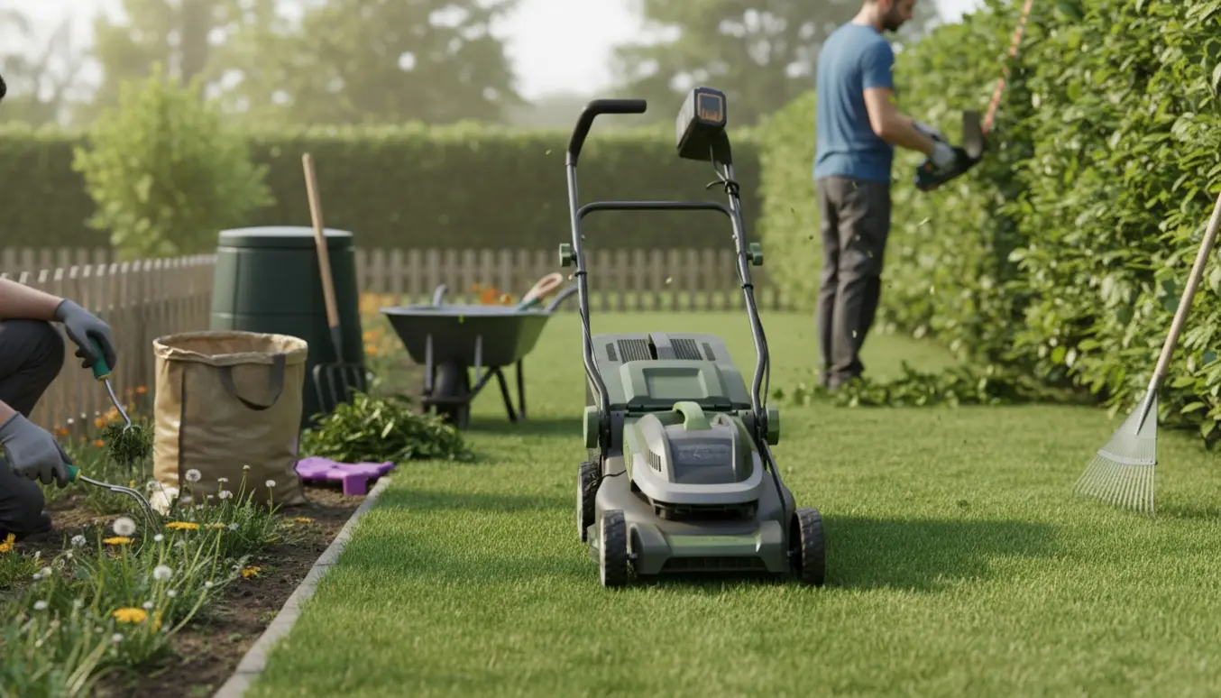 Hænder og haveredskaber i gang med græsslåning, hækklipning og ukrudtsfjernelse i en soloplyst have.