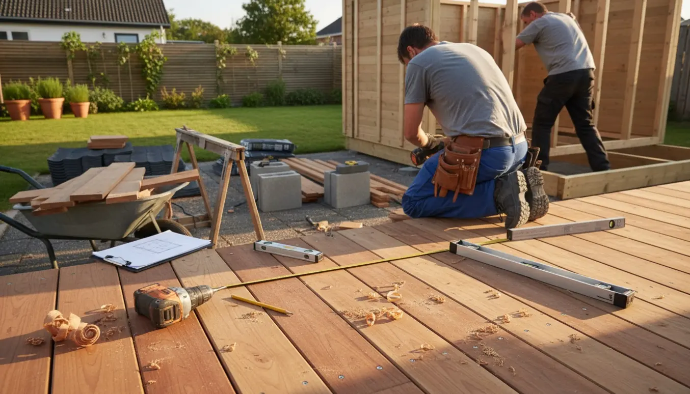 Delvist færdig træterrasse og lille kolonihavehus under opbygning i en solrig baghave.