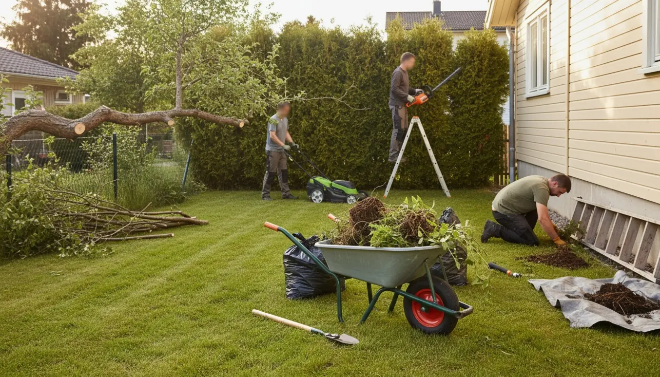 Havearbejde med hækkeklipning, græsslåning og opsamling af haveaffald ved husets facade.