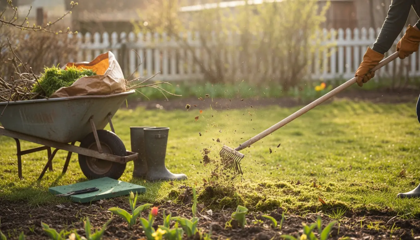Hænder i havehandsker river mos og visne blade ind i en trillebør i en solrig forårshave.