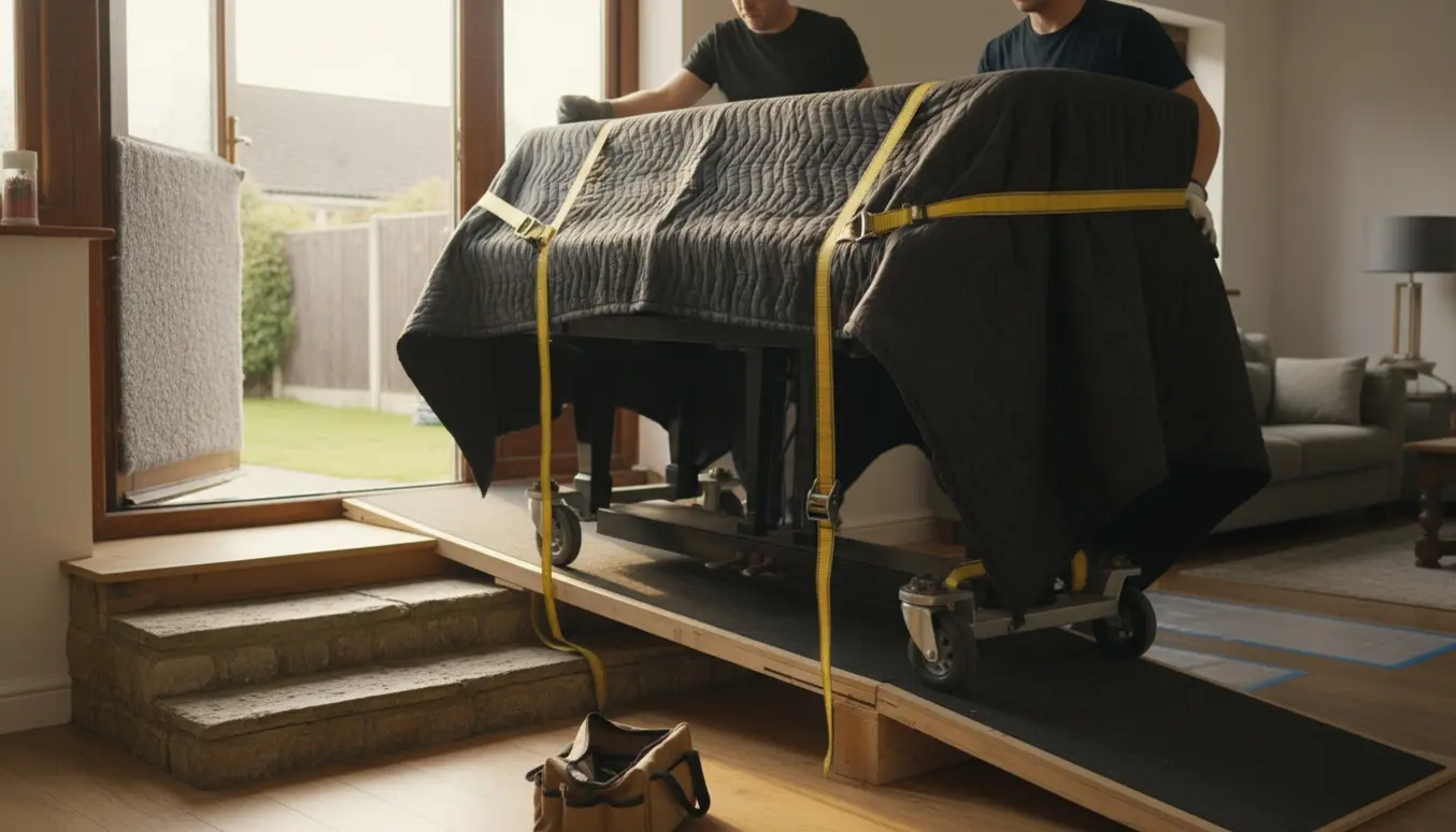 Et klaver indpakket i flyttetæpper bliver båret gennem havedør og trapper med dolly og stropper.