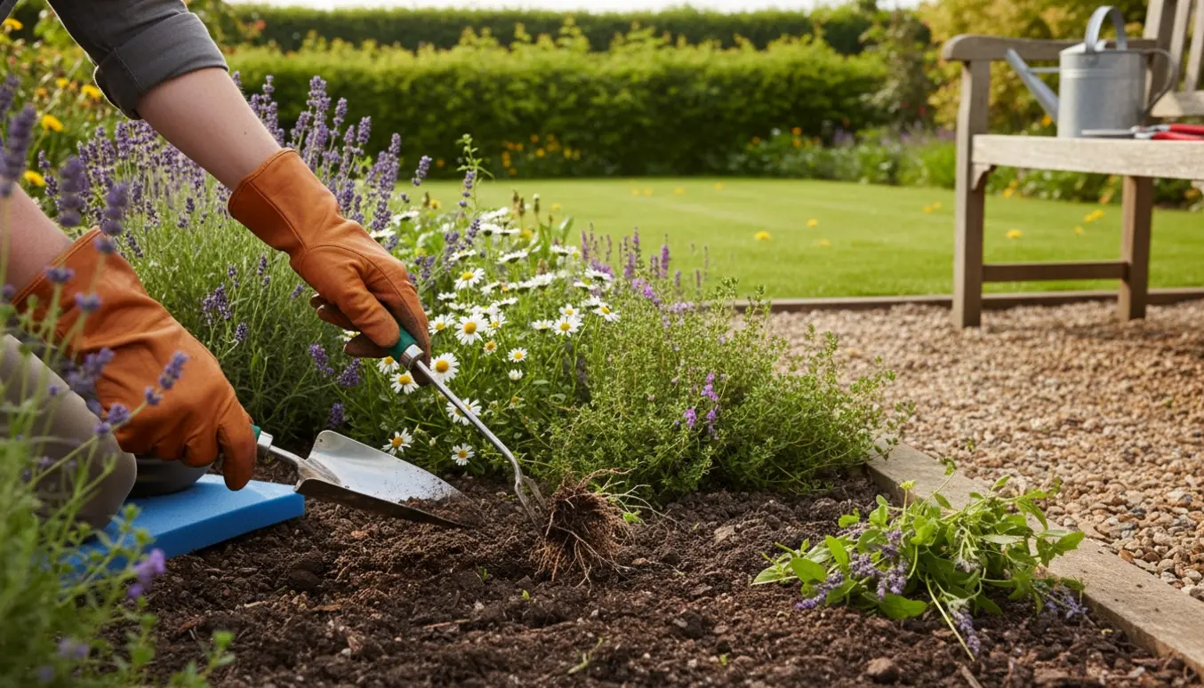 Handsker-klædte hænder fjerner ukrudt fra et lille blomsterbed med græsplæne og lav hæk i baggrunden.