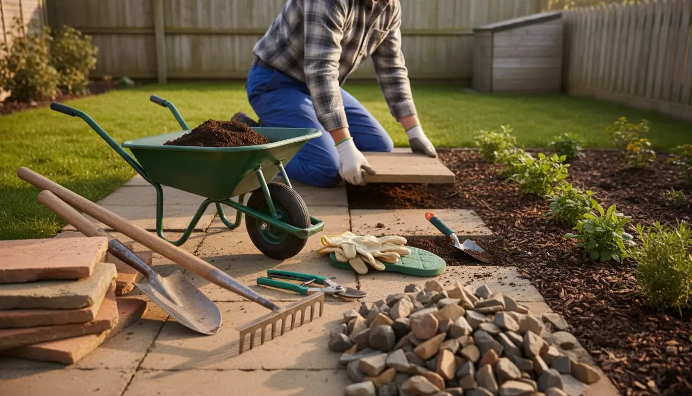 Person set bagfra fjerner fliser og ordner bede i en lille have med redskaber og trillebør.
