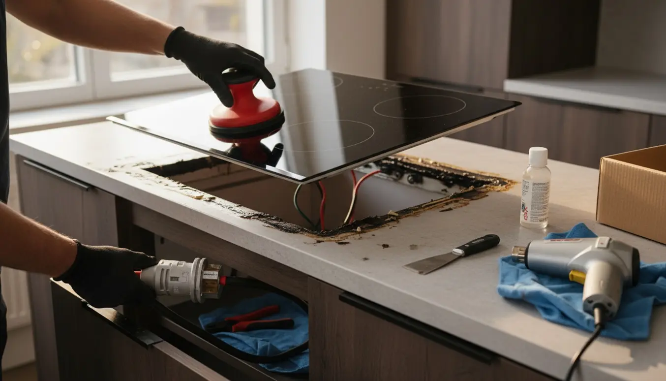 Løft af limet induktionskogeplade med sugekop og elektriker, der tilslutter kraftstik under køkkenbordet.