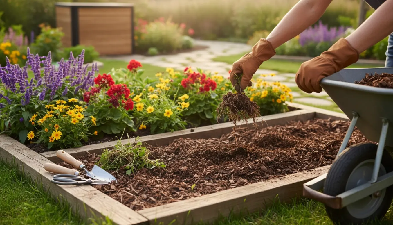 Handskeklædte hænder luger og vedligeholder et ordnet blomsterbed i blødt morgenlys.