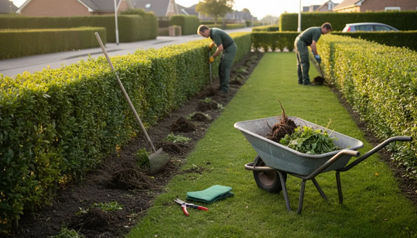 Person fjerner ukrudt ved hækkens rod med haveredskaber langs vej og have.