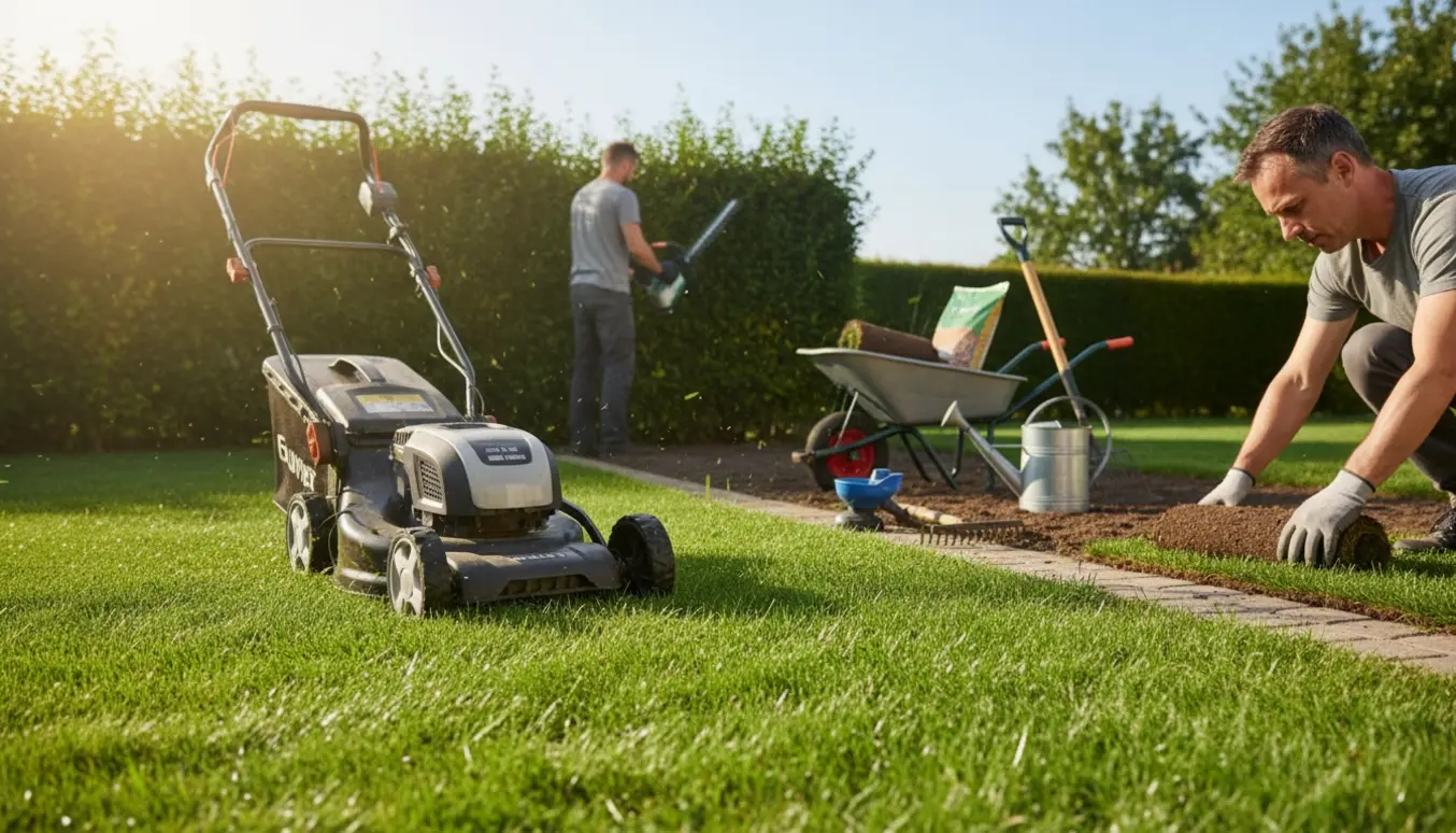 Havearbejde med slåning af græs, trimning af hæk og udlægning af nyt græs i sollys.