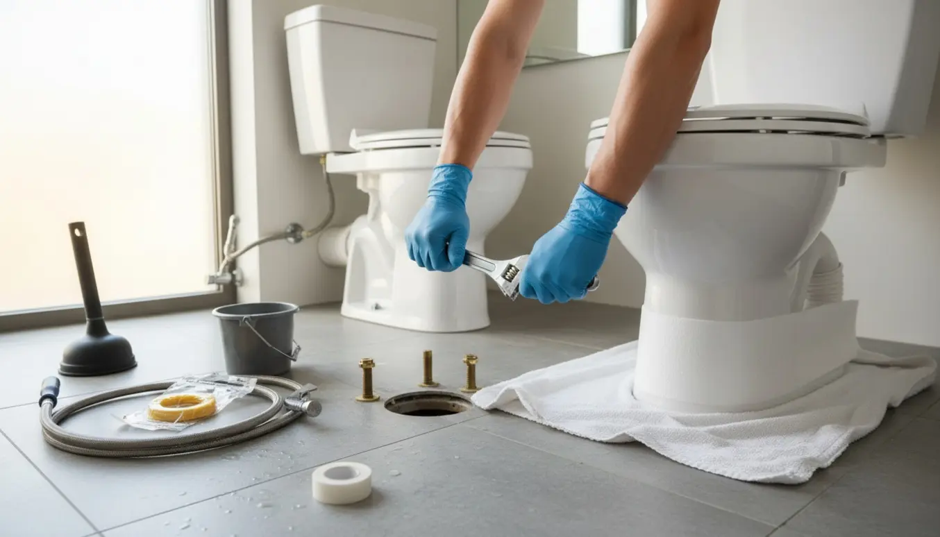 Nærbillede af handsker og værktøj ved afmontering af et gammelt toilet med et nyt toilet klar ved siden af i et lyst badeværelse.