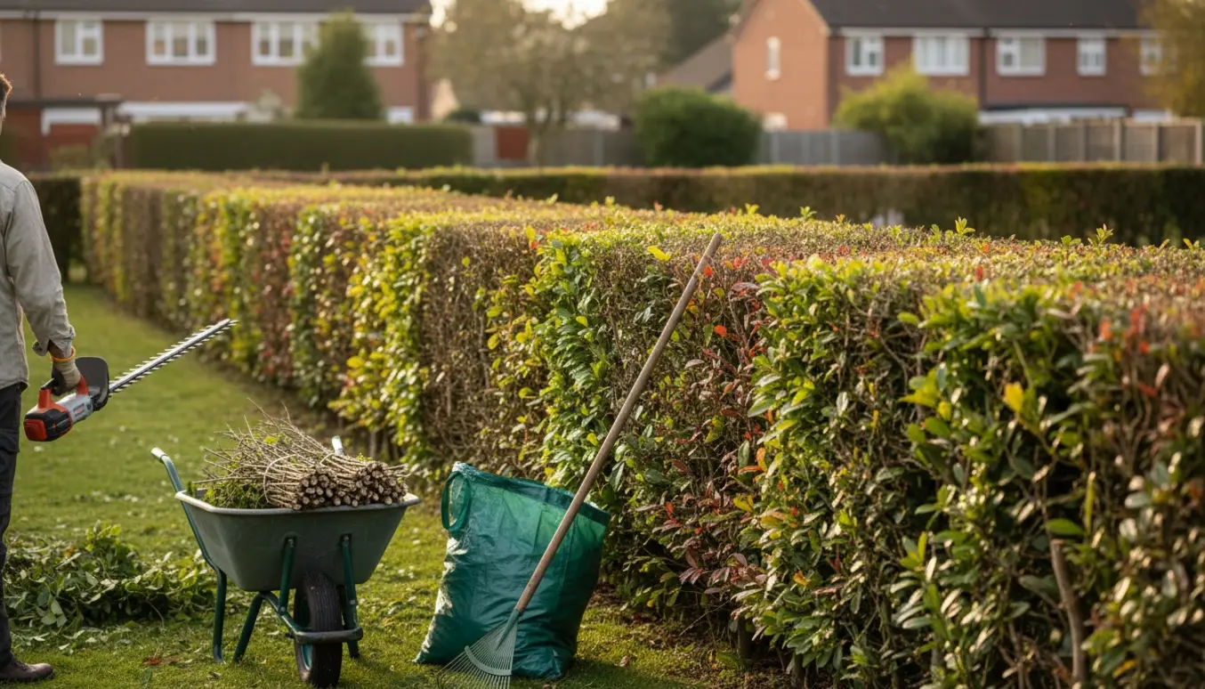 Nyligt klippet 40 m blandet hæk på ca. 120 cm højde med afklip samlet i trillebør under oprydning.