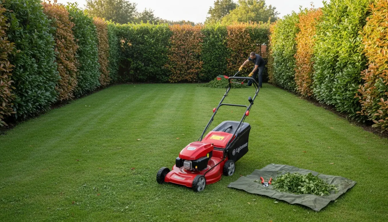 Nyslået græs med nysnoede sider på liguster- og bøgehæk og haveredskaber i forgrunden.