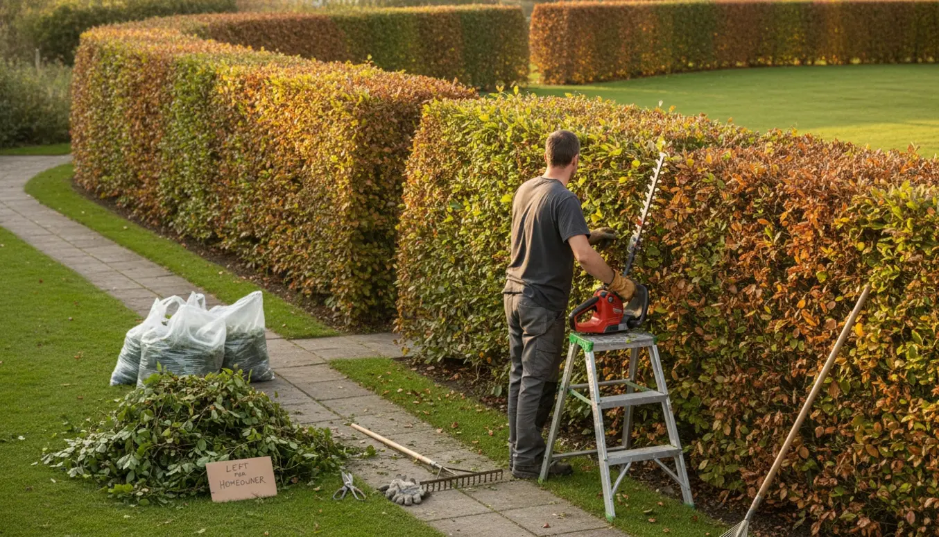 Bøgehæk ved sti med værktøj, poser med afklippede grene og en stige, ingen ansigter synlige.