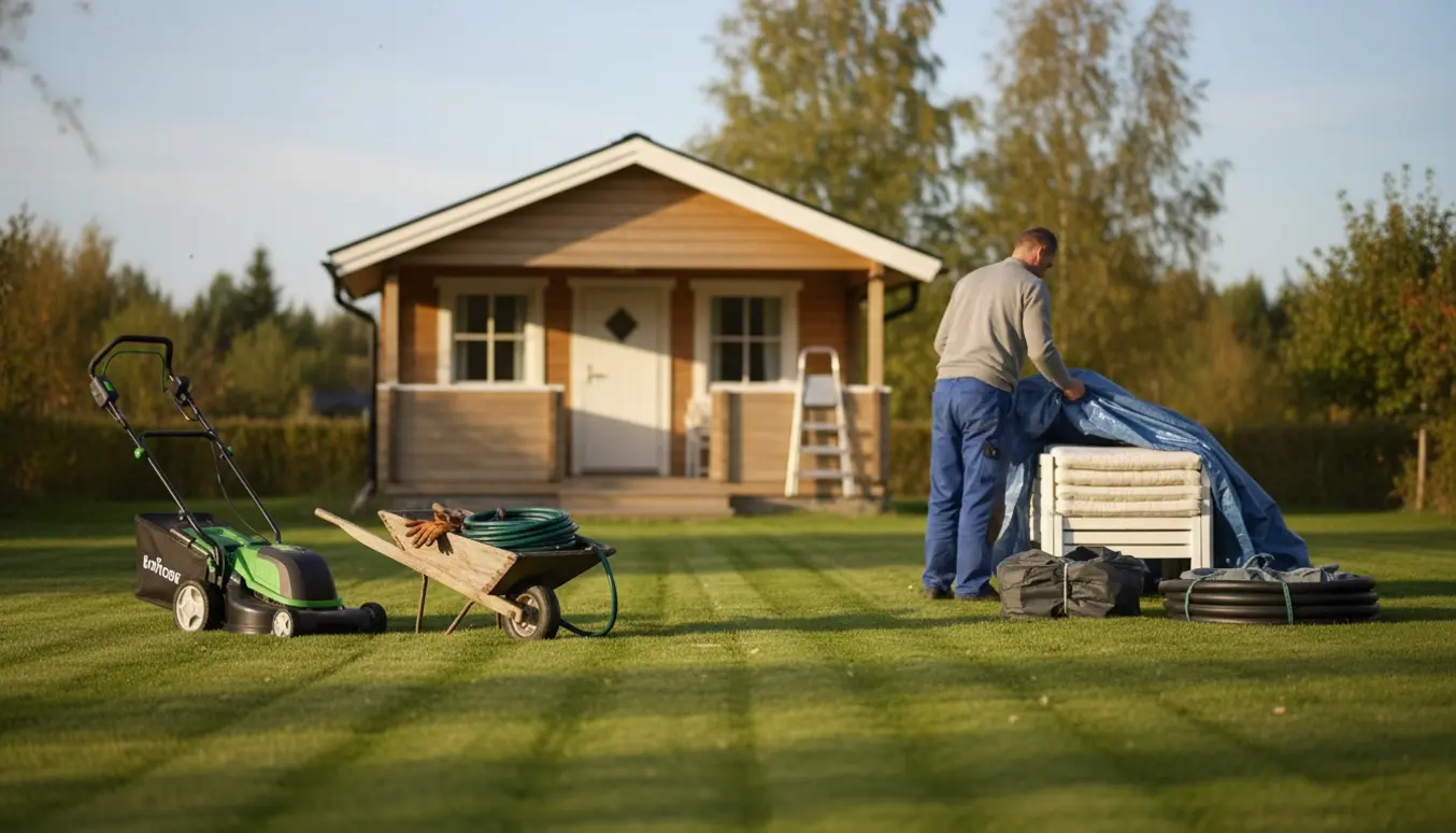 Friskklippet plæne foran et hyggeligt sommerhus med havemands værktøj og udendørs puder klar til vinter.