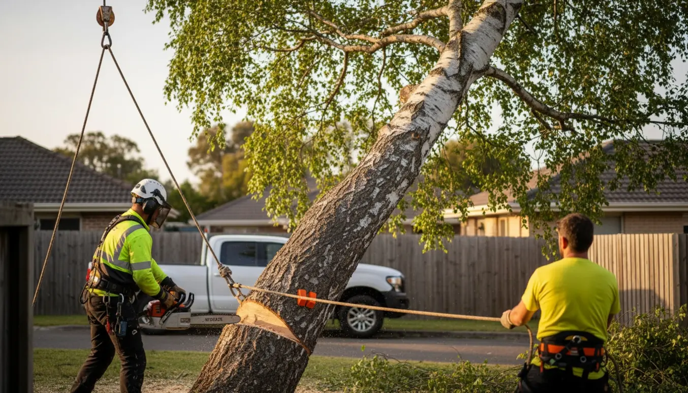 Arborist i sikkerhedsudstyr fælder et skævt birketræ tæt på omkringliggende huse med tov, kiler og motorsav.