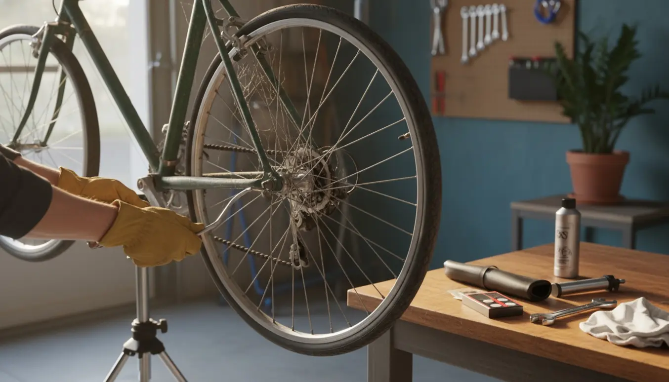 Nærbillede af en cykel på værksted med fladt baghjul, mens hænder fjerner dækket med dækjern ved et veloplyst arbejdsbord.