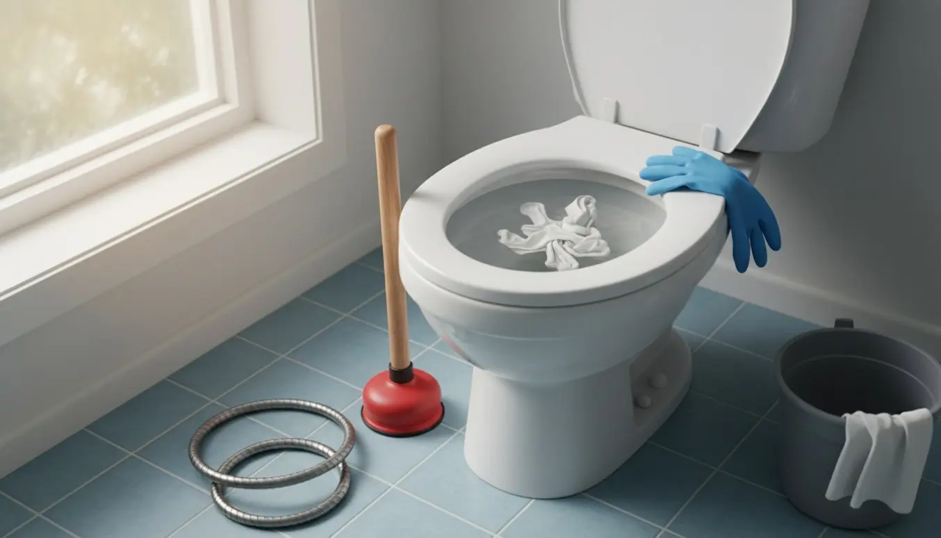 Toilet med tilstoppede vådservietter og en plunger klar til at løsne stoppet.