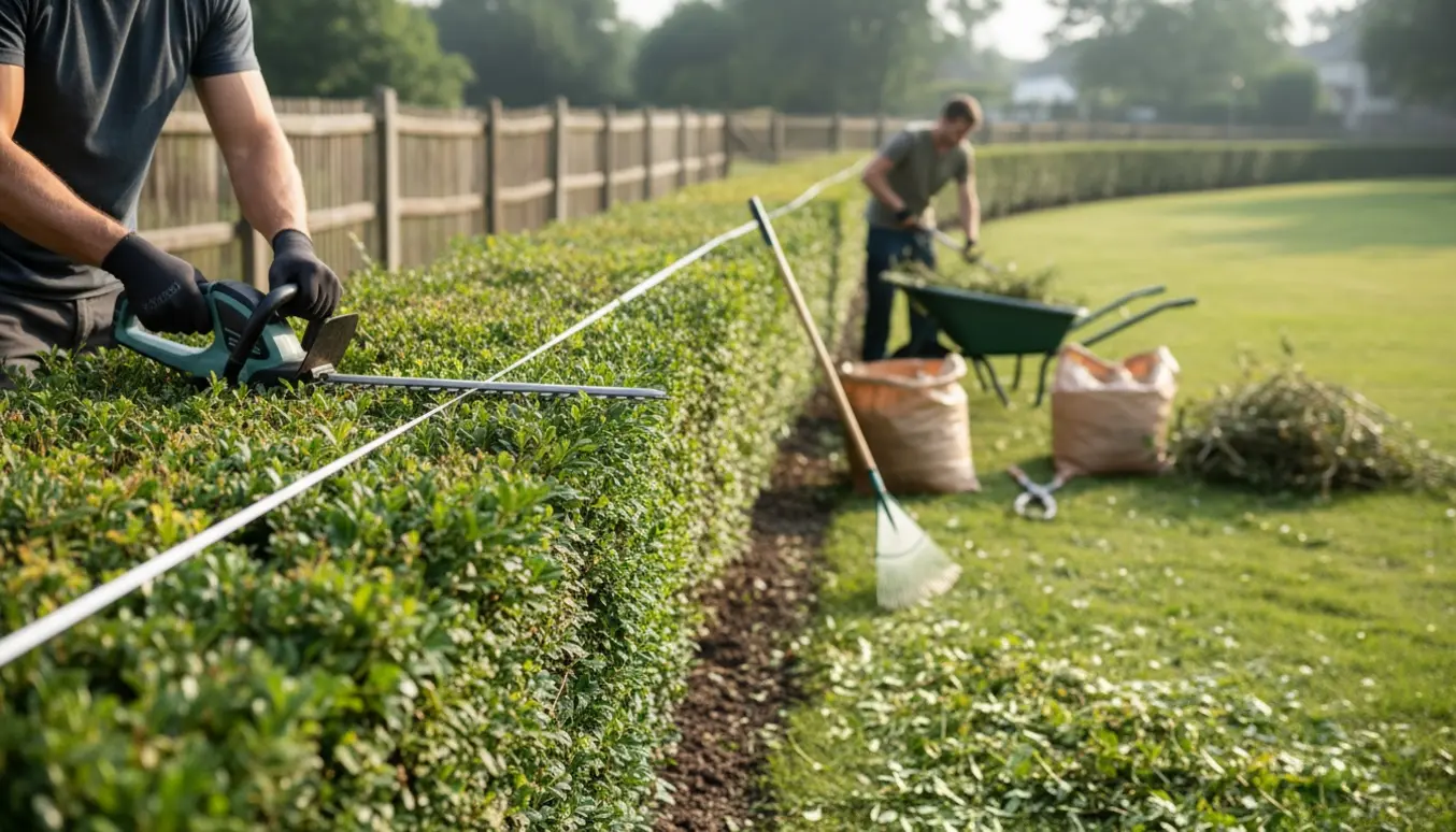 En person klipper en lang hæk med en elektrisk hækklipper, mens afklip samles i trillebør og poser.