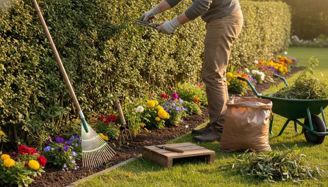 Person renser hæk og blomsterbed for ukrudt med håndredskaber og kompostpose i en solbeskinnet have.