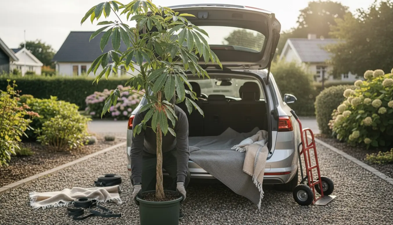 Et 183 cm højt paradistræ i potte løftes ind i en åben stationcar på en indkørsel i Jægerspris.