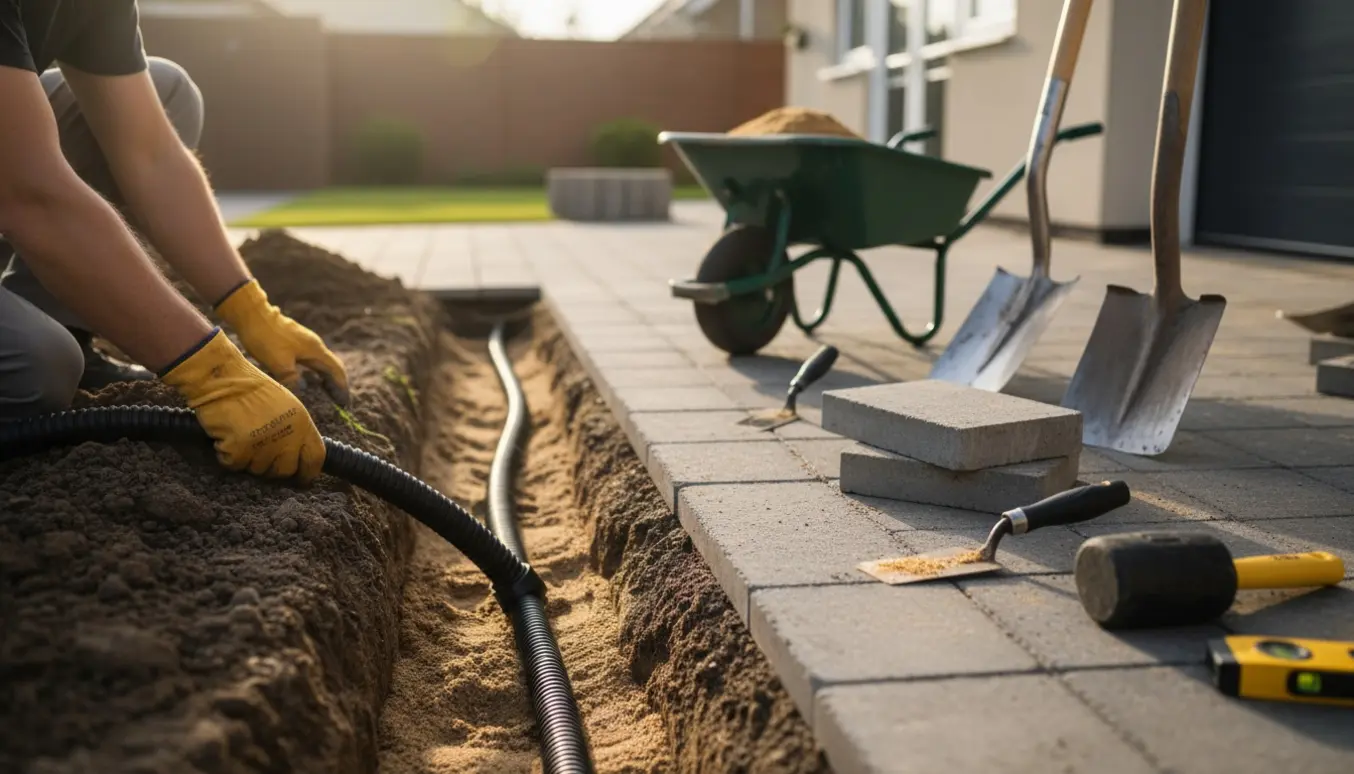 Nedgravet elbilkabel under løse fliser på en solbelyst indkørsel med værktøj og handsker synlige.