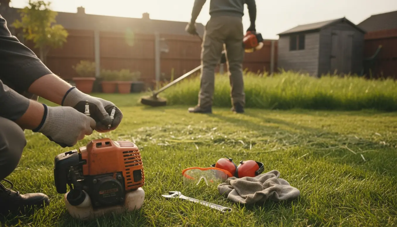 En hånd skifter tændrør på en buskrydder i forgrunden, mens en person i baggrunden rydder langt græs.