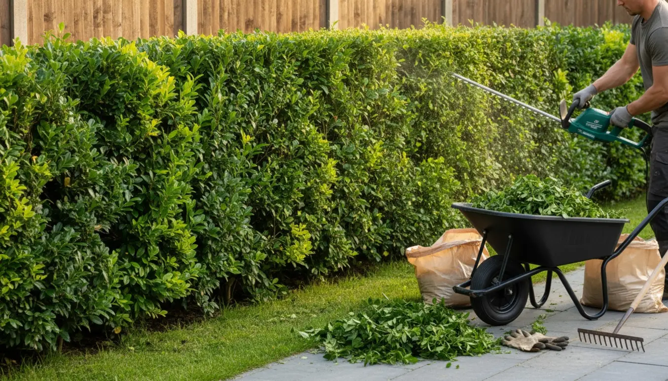 Ligusterhæk klippes i juli med en ledningsdrevet hækkeklipper, afklip samlet i trillebør og poser klar til bortskaffelse.