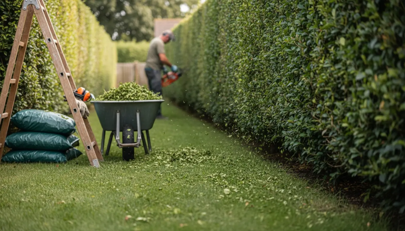 Ligusterhæk bliver klippet med elektrisk hækkeklipper, med trillebør og poser med afklip ved siden af.