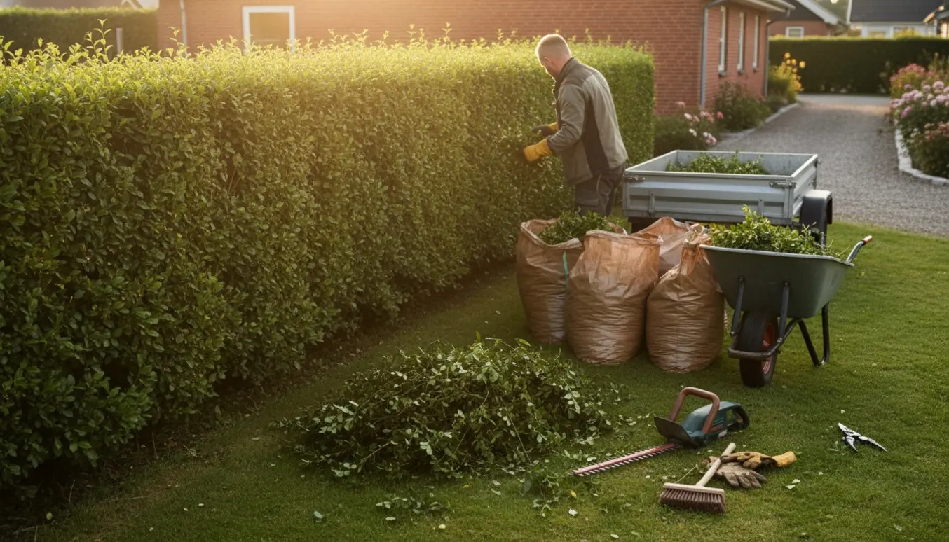 Nyklippet ligusterhæk på en forstadshave i Glostrup med fyldte sække klar til bortskaffelse.