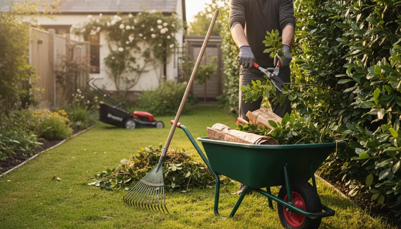 Hænder i handsker klipper en hæk med en trillebør fyldt afklip og nyryddet græs i baggrunden.