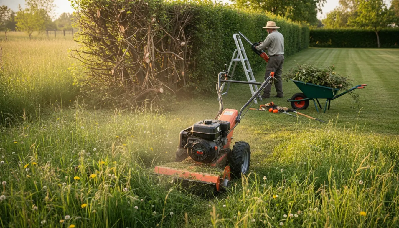 En have med knæhøjt græs, en person set bagfra klipper og en tæt hæk, med værktøj og trillebør med afklip.
