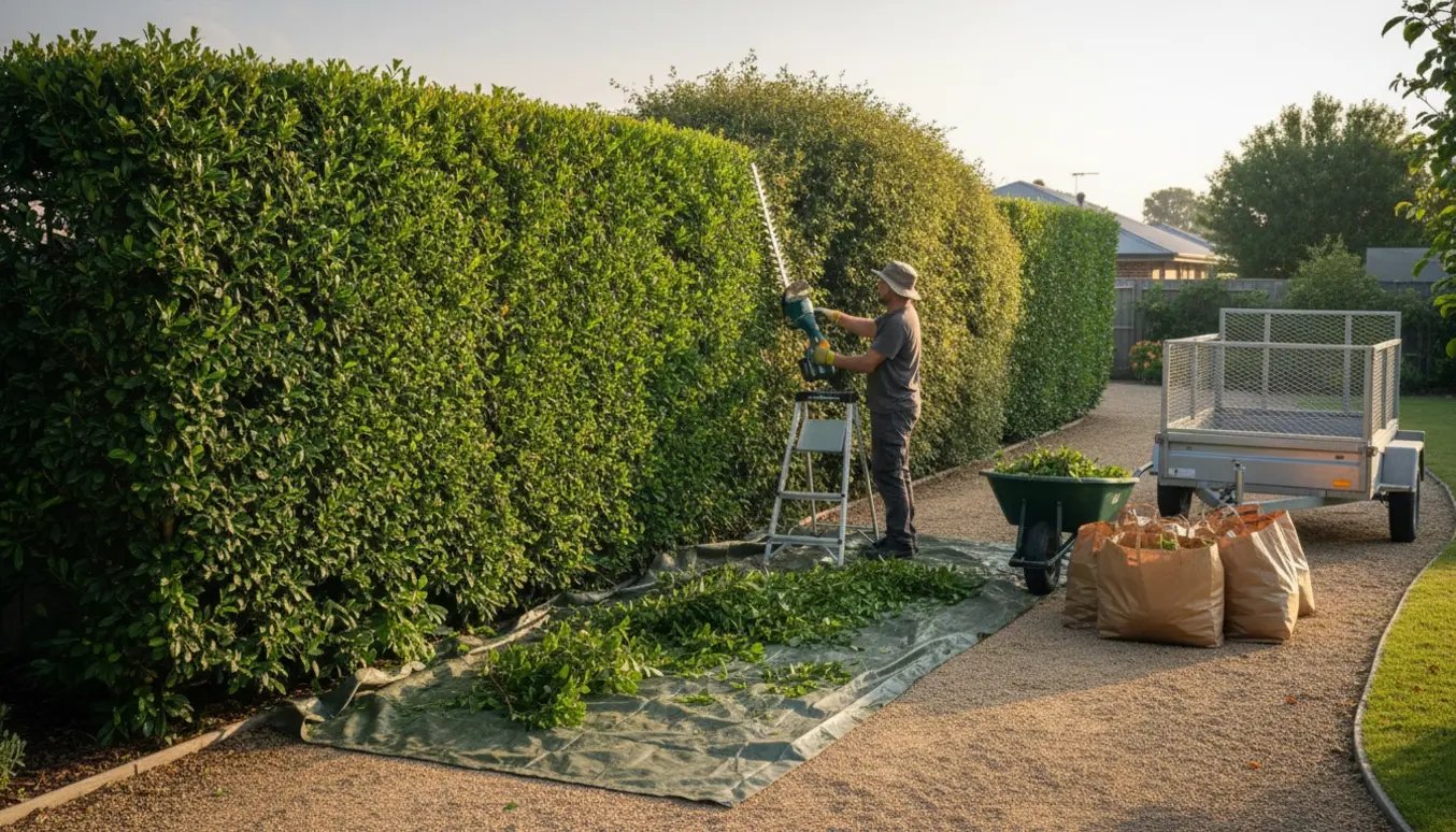 En gartner trimmer en Naur-hæk på cirka to meter, med afklip samlet i en trillebør og på presenning klar til bortkørsel.