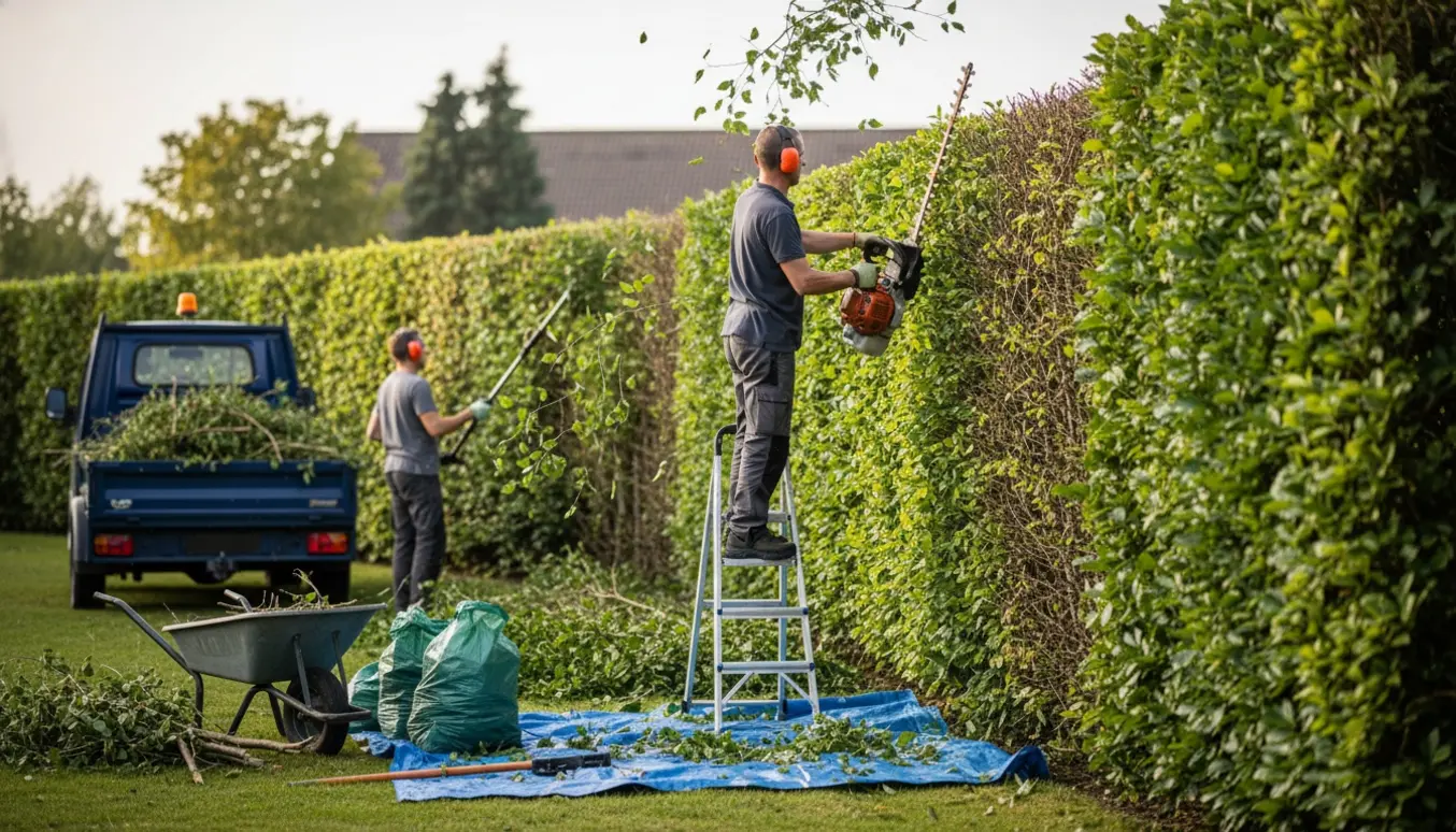 Håndværker klipper en høj bøgehæk og læsser afklip i en trailer til genbrugsstationen.