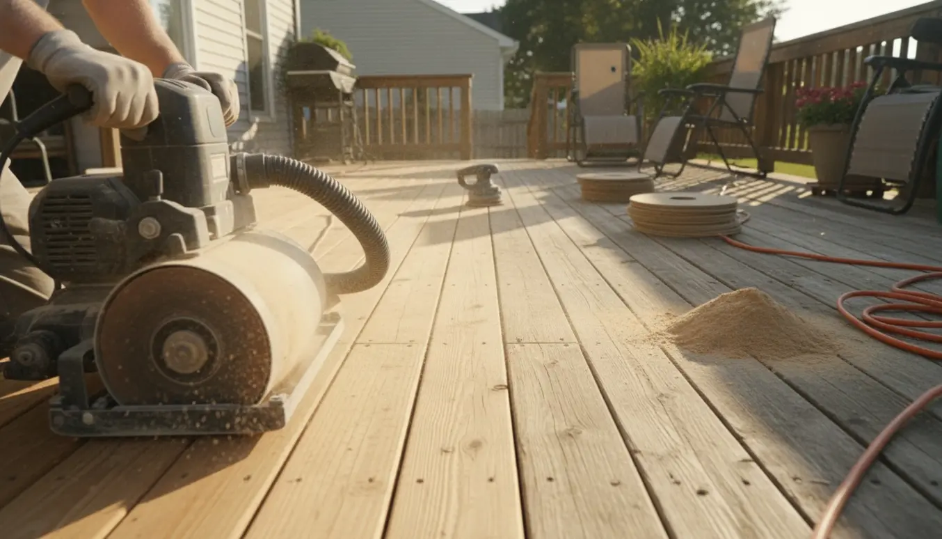 Slibning af stor træterrasse med gulvsliber, der viser kontrast mellem nyslebet og vejrslidt træ.