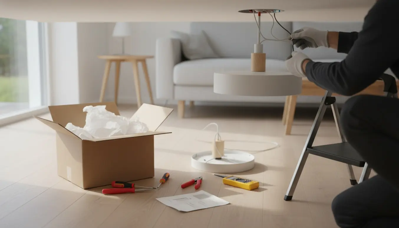 En person på en stige monterer en ny, moderne loftslampe i et lyst skandinavisk rum.