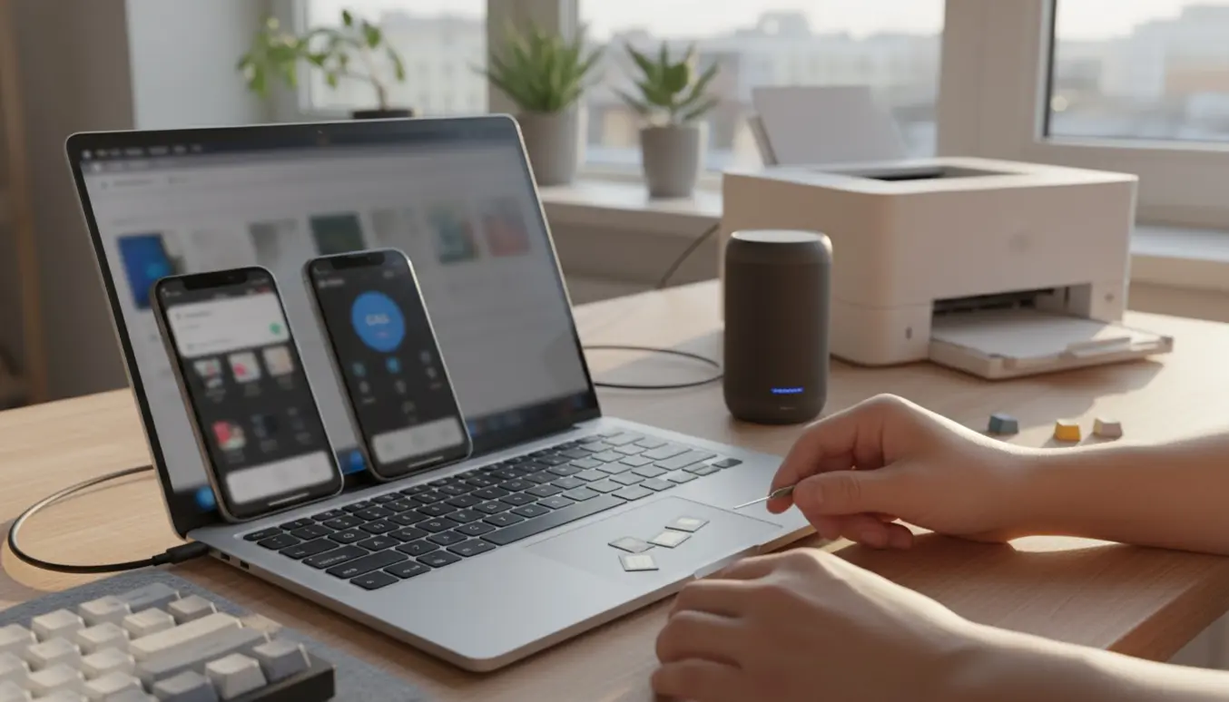 Et skrivebord med to mobiltelefoner, en ny bærbar, printer, Bluetooth-højttaler og hænder, der forsøger at opsætte teknikken efter indflytning.