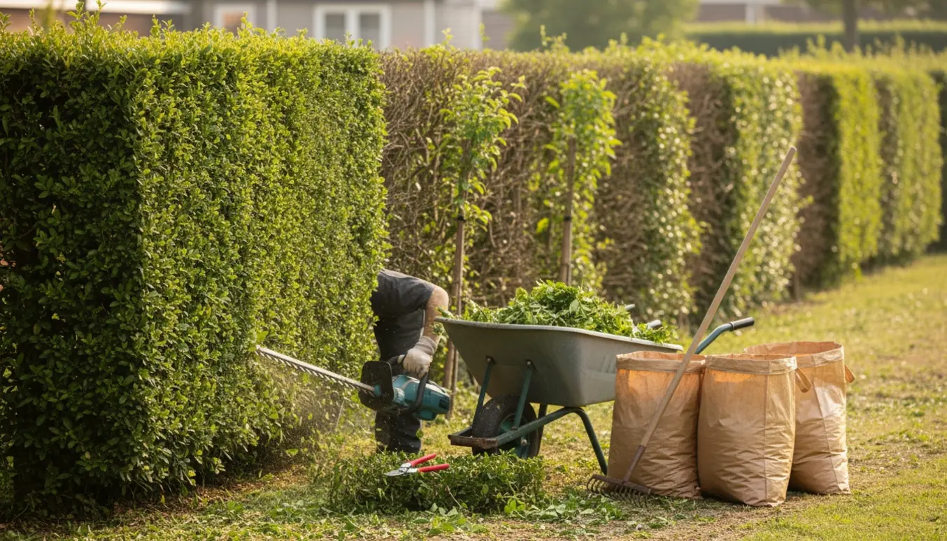 Lang ligusterhæk klippes og affald samles i trillebør foran en forhave.