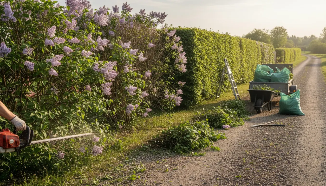 Nyklippet syrenhæk langs en grusvej med afklip samlet i trillebør og trailer.